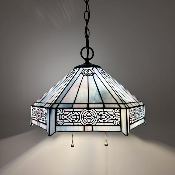 Tiffany Pendant Lights Fixture Pink Blue Stained Glass Hexagon LED Bulb Included for Dining Room 16"W*16"D*75"H