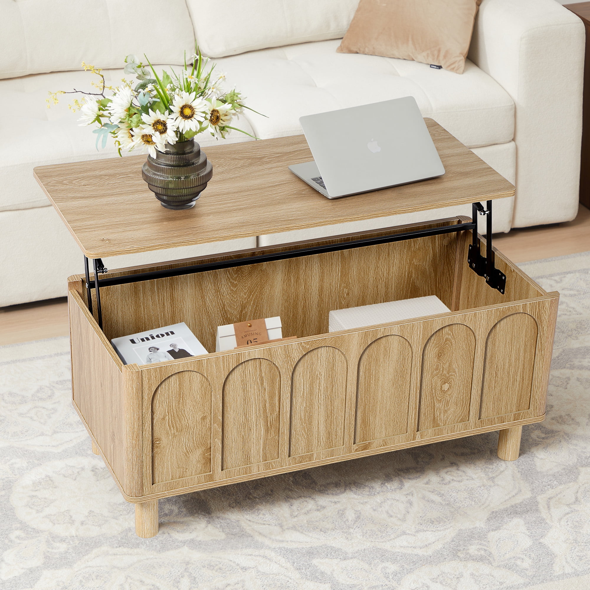 YOCWO Lift Top Coffee Table with Hidden Compartment & Storage Shelve, Arched Fluted Coffee Table for Living Room, Oak