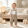 thumbnail image 2 of Enyan Baby Boy Clothes Set Infant Tuxedo Long Sleeve Gentleman Suit Outfits + Suspender Pants + Bowtie 0-18M(Khaki,12-18 Months), 2 of 5