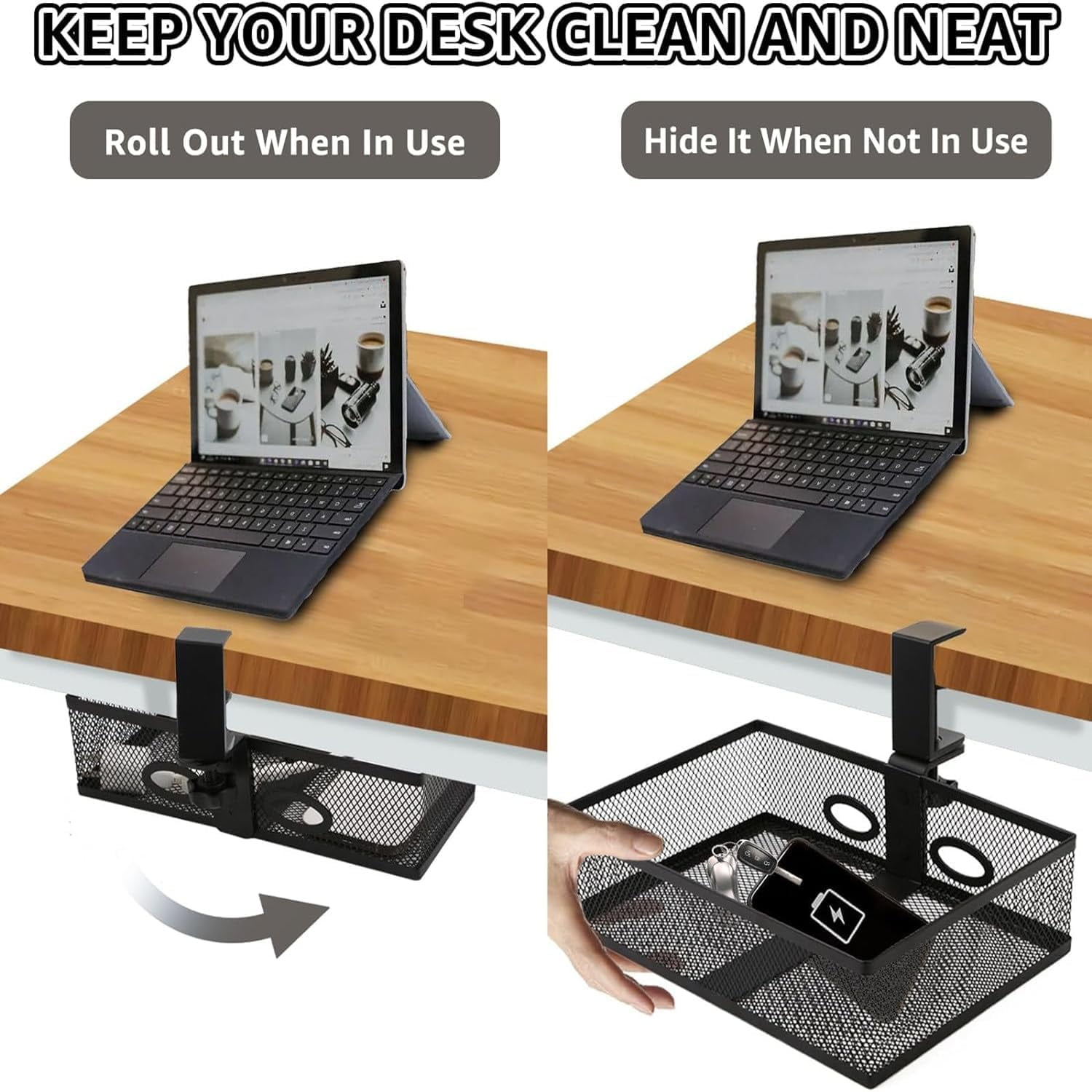 Black Under Desk Drawer Storage - 360-Degree Rotating Desk Organizer Clamp-on Swivel Pencil Drawer Shelf for Office Tables