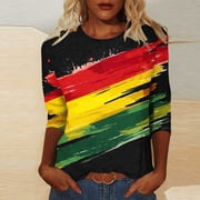 LYEAA Black Cultural Apparel Women 3/4 Sleeve Round Neck Blouse Ethnic Print Cotton Tops Loose Fit Casual Daily Wear Multicolor XXL