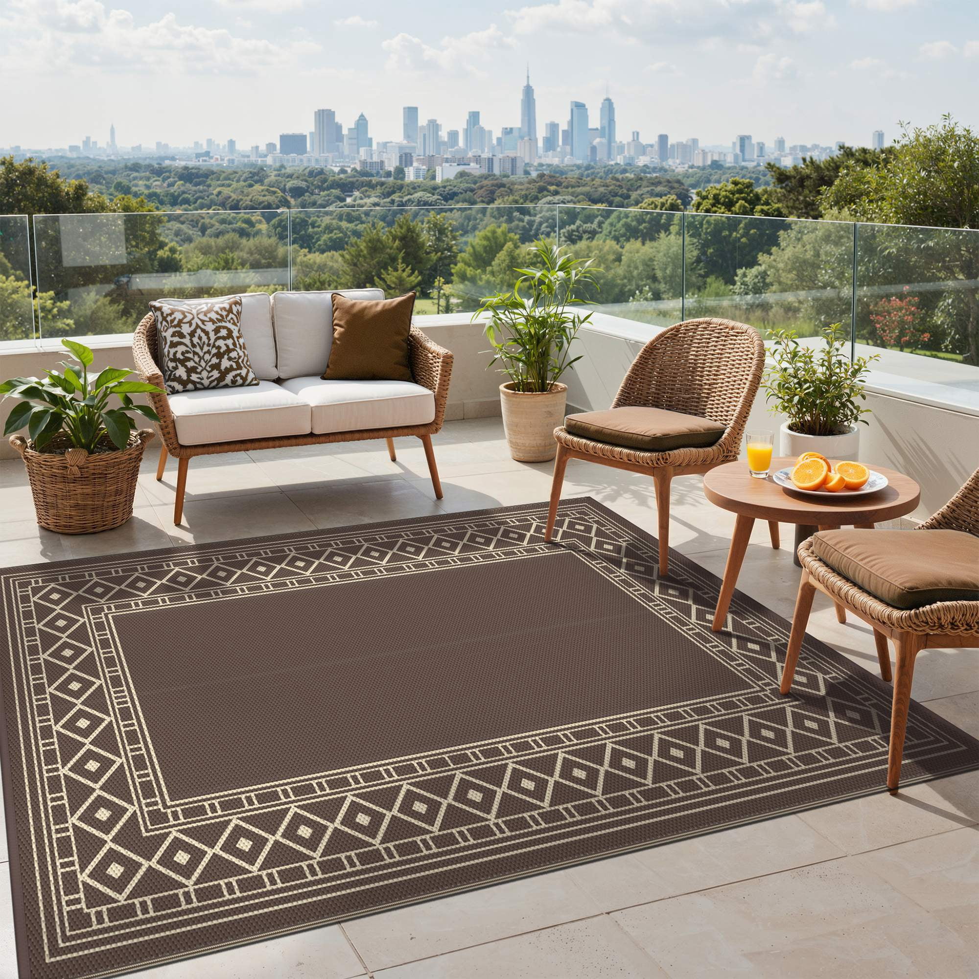DEORAB 6'x9' Outdoor Rugs Waterproof Patio Reversible Plastic Carpet Camping Outside Mat,Coffee & Brown