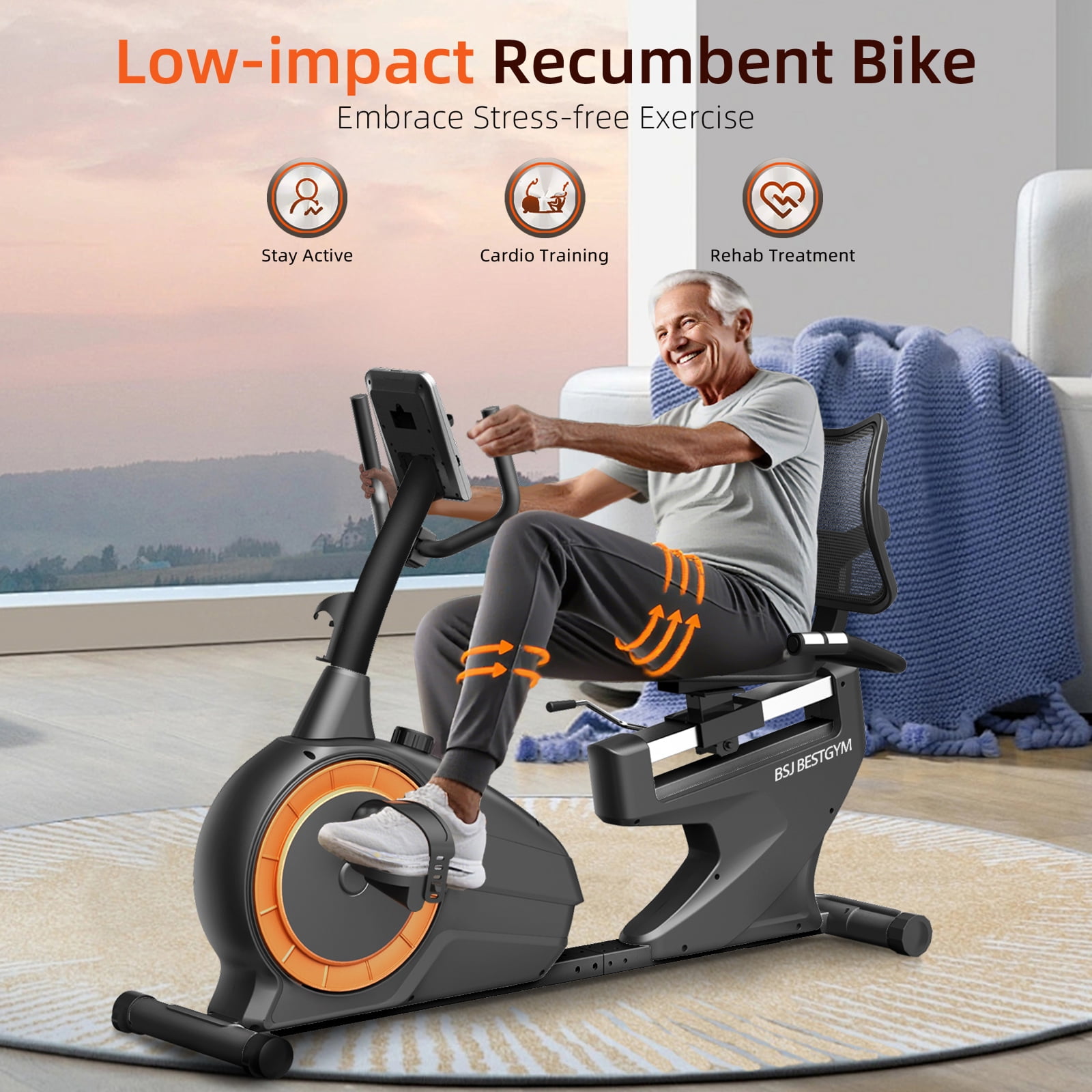 BSJ BESTGYM Recumbent Exercise Bike, Recumbent Stationary Bike for Home, Recumbent Bike 350LBS Weight Capacity, Magnetic Recumbent Bike with Smart APP, LCD Monitor, Heart Rate Handle