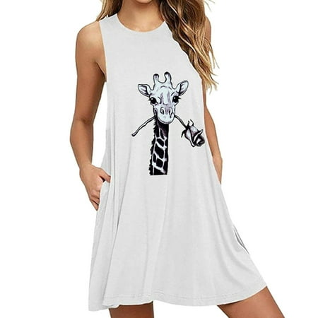 

XIAOFFENN Fashion Womens O-Neck Pocket Printing Sleeveless Casual Nightdress Dresses
