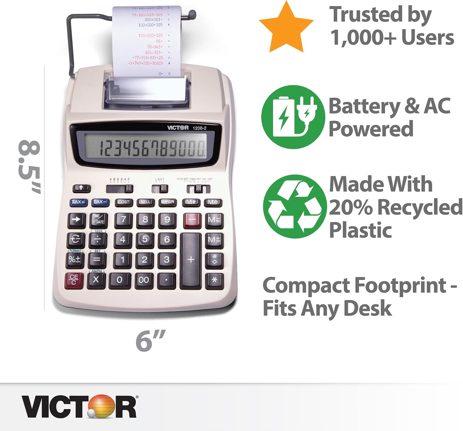 Victor 1208-2 Printing Calculator with 12-Digit Display, Black photo 2
