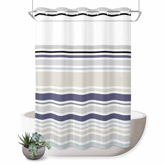 No Hook Shower Curtain, Beige Stripe Shower Curtains for Bathroom with See Through Top Window, Modern Abstract Art Navy Blue Striped Rustic Waterproof & Washable Bath Curtain 60"x72"