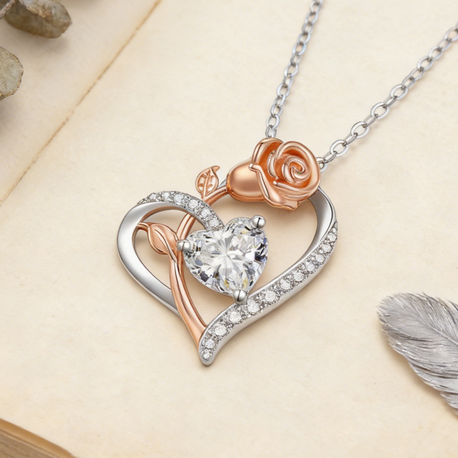 Flydeer Necklaces for Women 925 Sterling Silver Two-Tone Rose Heart Pendant Necklace 5A CZ Jewelry Gifts for Women