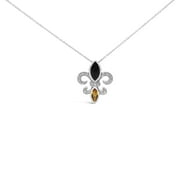 Haus of Brilliance .925 Sterling Silver Womens Spring Ring Clasp Marquise Onyx & Citrine & Prongs Round cut Diamond Accent Fleur De Lis Cable Chain Pendant Necklace (H-I Color, SI1-SI2 Clarity) - 18"