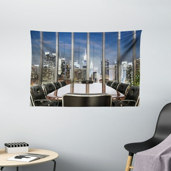Modern Decor Tapestry, Business Office Conference Room Table Chairs City View at Dusk Realistic, Wall Hanging for Bedroom Living Room Dorm Decor, 60W X 40L Inches, Grey Black Blue, by Ambesonne