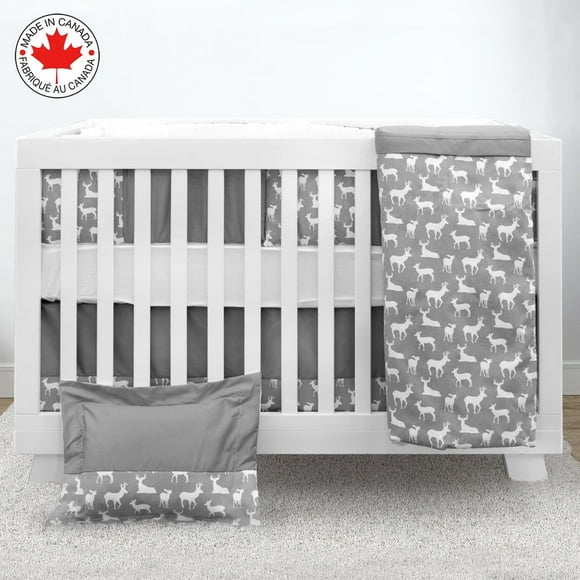 Bebelelo 7 Pieces Nursery Crib Bedding Set Including Skirt, Comforter, Quilt Cover, Fitted Sheet, and More for Kids, Baby Boys and Girls (Gray and White with Deer Pattern)