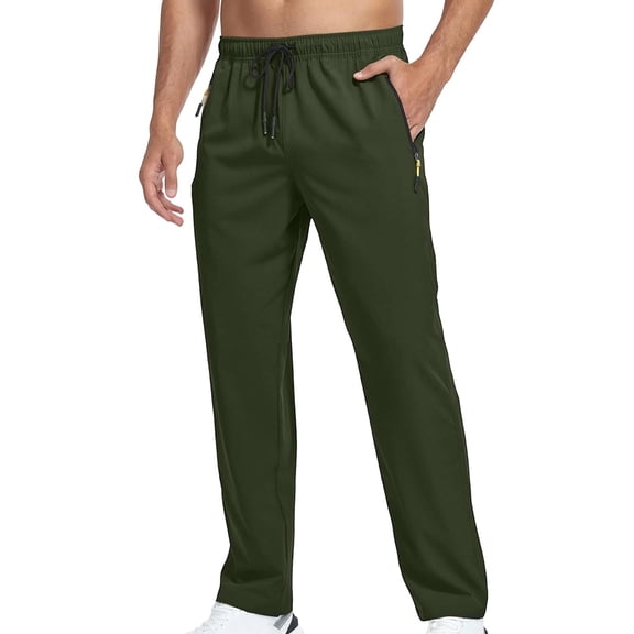 kosheko Men's Athletic Straight-Leg Pants, Elastic-Drawstring Waist with Side-Zip Pockets for Gym Activities Green M