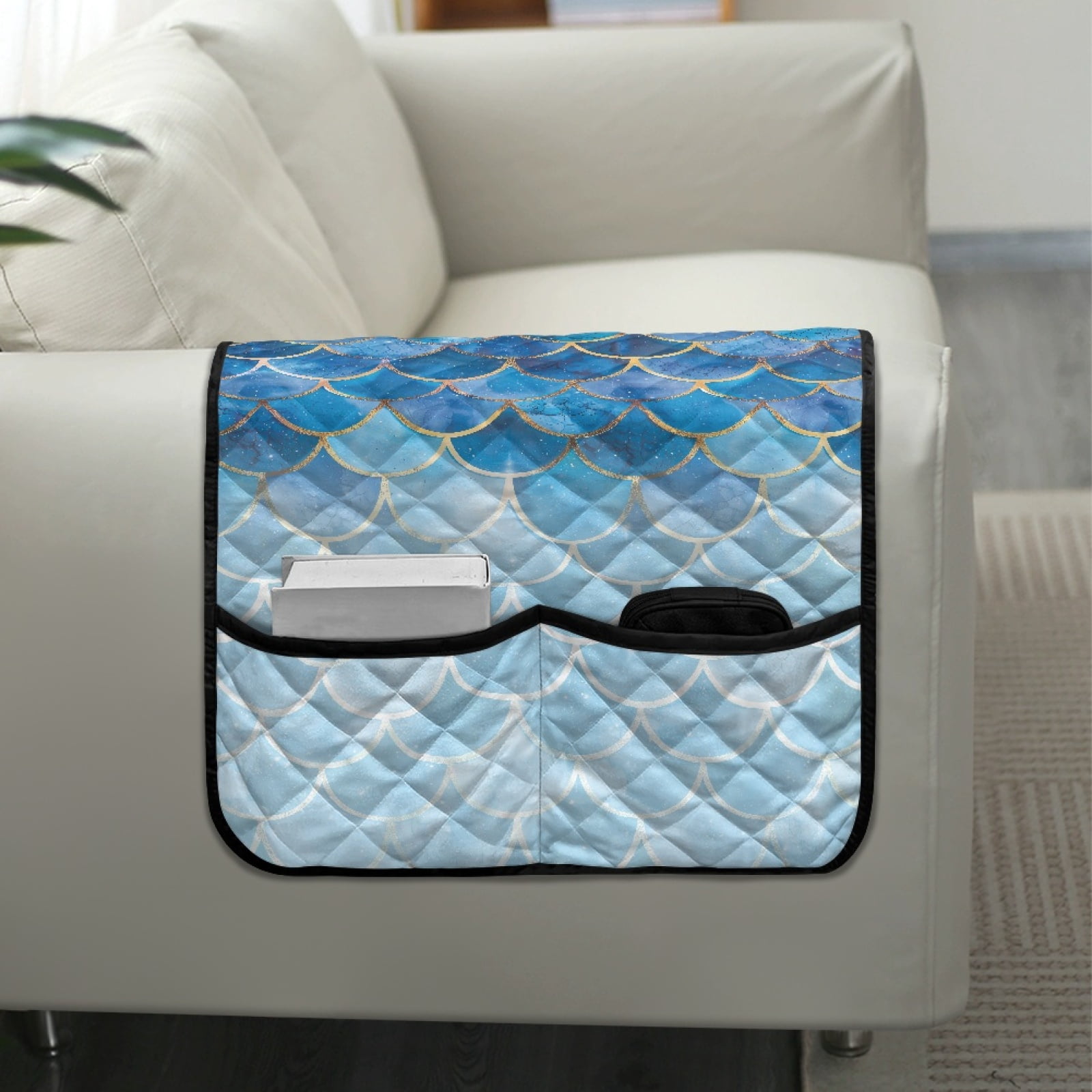 TSOVTHRID Blue White Mermaid Scales Glitter Print Couch Arm Covers with 2 Side Storage Pockets, Anti-Slip Armrest Cover for Sofa, Chair, Loveseat, Recliner Arm Covers
