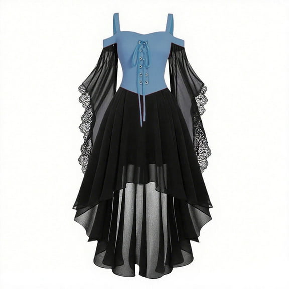 Homenesgenics Spring Fashion Must Haves Women Costume Mesh Lace Patchwork Suspender Off Shoulder Court Style Gothic Dress Blue S