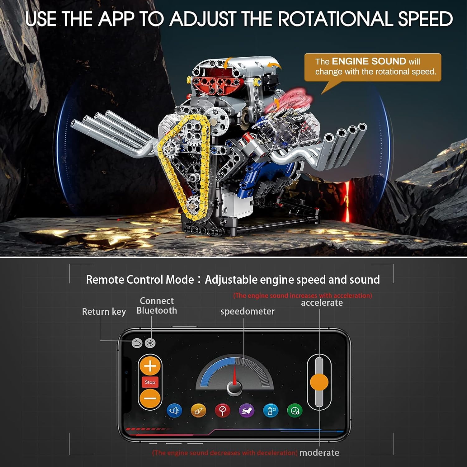 V8 Engine Model Kit That Works, APP Controlled Mini V8 Engine Building Block Set for Adults, Physical Science Experiment Toy with Rechargeable Motor, STEM Project