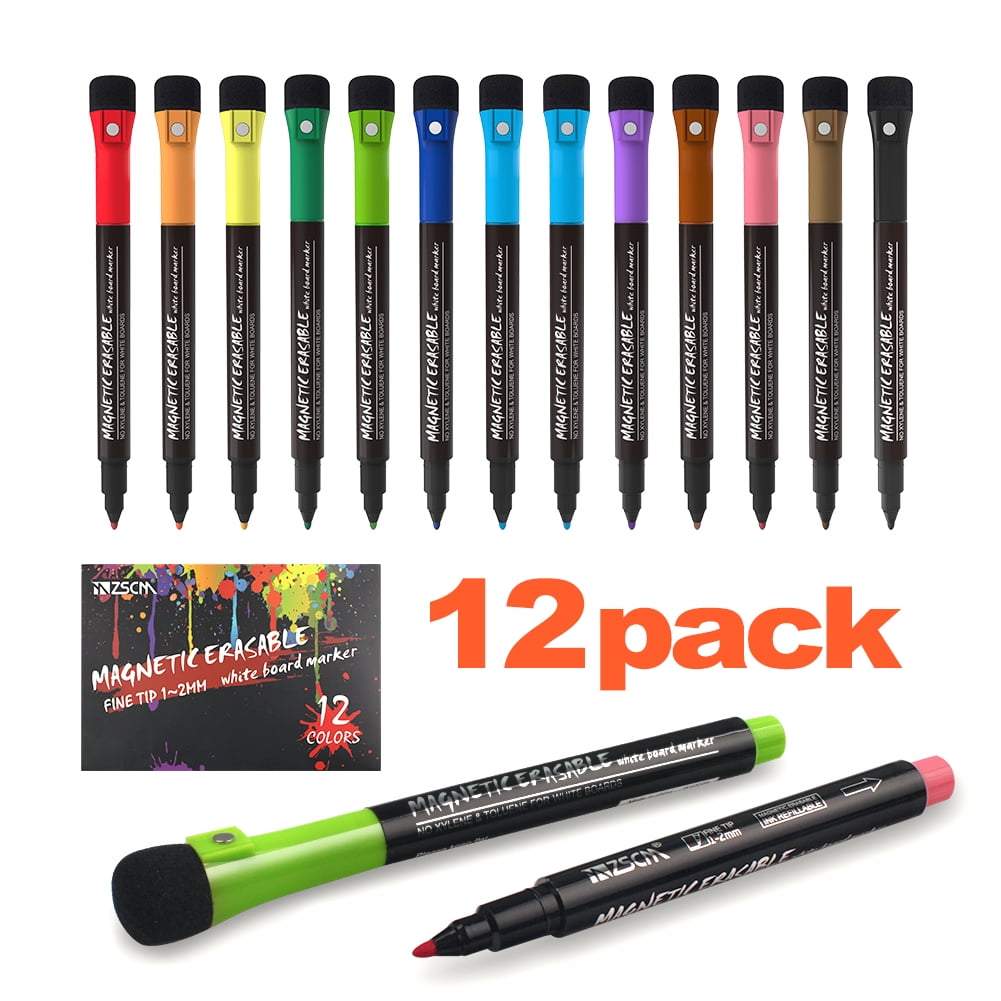 Zscm 12 Colors Magnetic Fine Tip Dry Erase Markers With Erasers Low Odor Fine P 