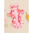 thumbnail image 2 of Suealasg Newborn Girls Summer Romper +Headband Infant Short Sleeve Crew Neck Stripes Floral Print One Piece Bodysuit 3 6 9 12 18 Months Baby Girl Clothes, 2 of 6