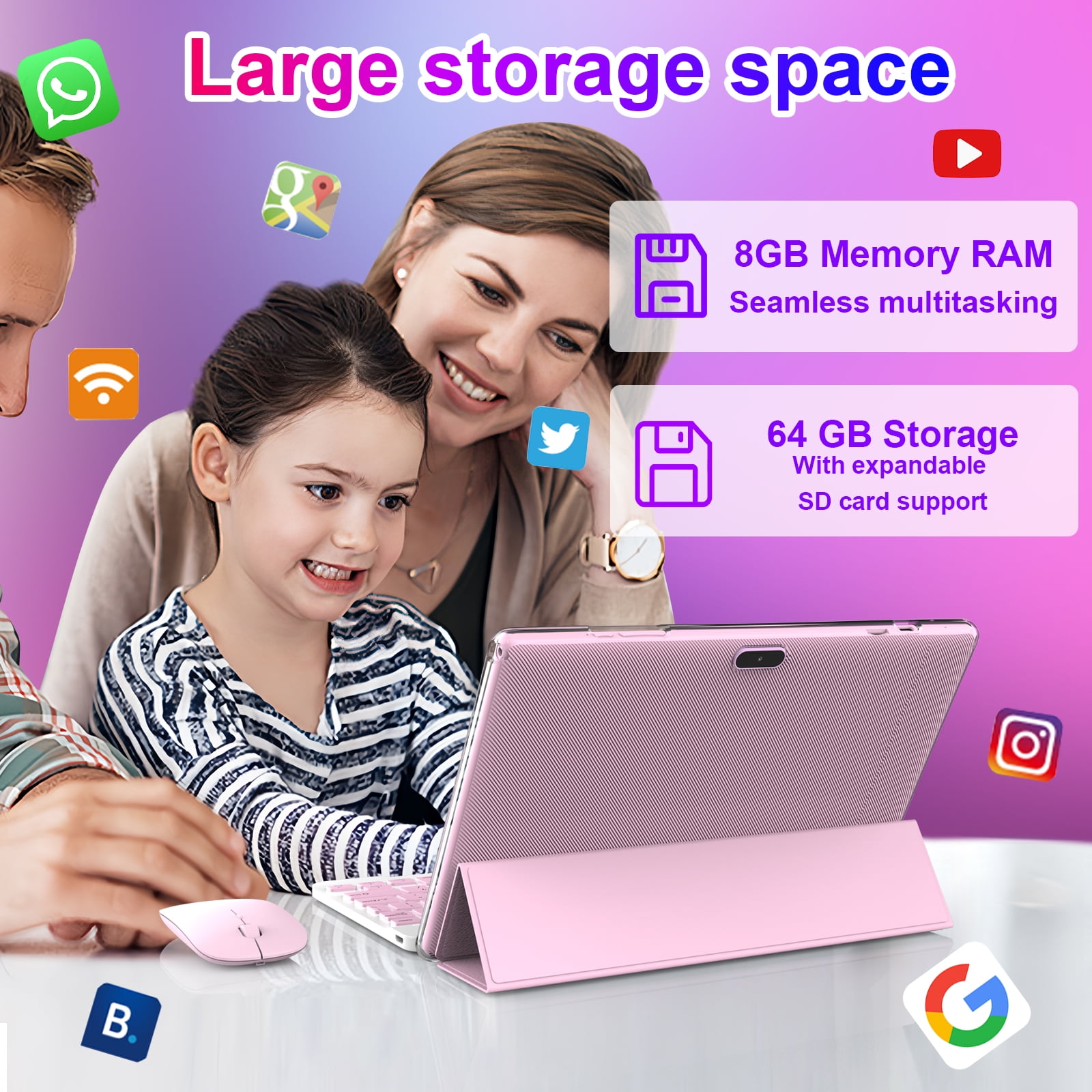 2024 Newest Android 12.0, 10.1 Inch Tablet with Keyboard Case, 4GB+64GB ROM/1TB Expand Tablets, Quad Core, HD Touch Screen, Dual Carema, Games, 2.4G/5G Wi-Fi 6, BT, Google GMS Certified