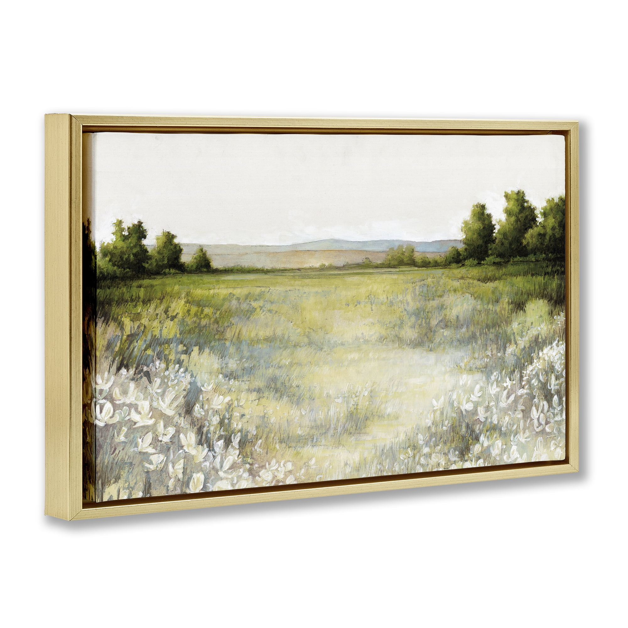 Stupell Industries White Flowers Meadow Landscape & Nature Painting Gold Floater Framed Canvas Art Print Wall Art, 31 x 21