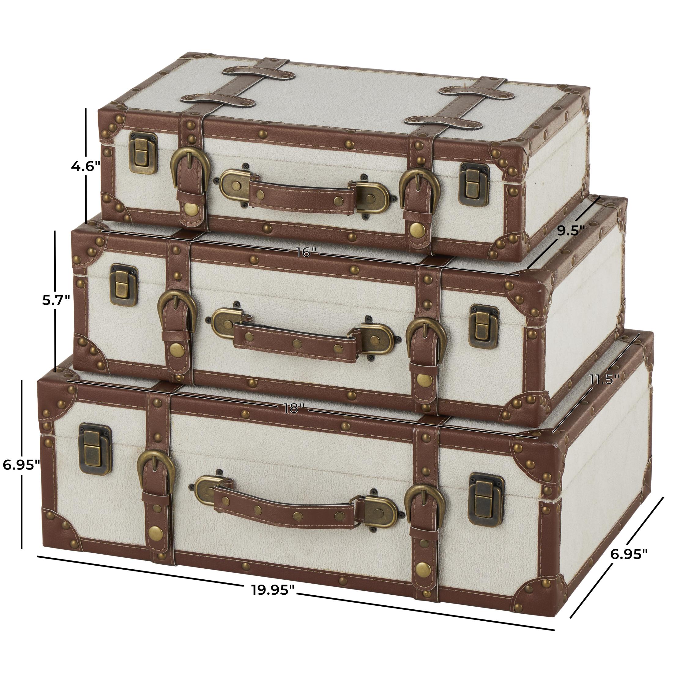 DecMode 20" x 7" Light Gray Wooden Vintage Storage Trunk with Brown Leather Accents and Bronze Latches, 3-Pieces