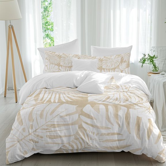 Light Brown Palm Leaves Bedding Duvet Cover Set Queen Size 4 Pieces, Monstera Tropical Botanical Modern Minimalist Bedding Set with Zipper, 1 Comforter Cover 90x90in 1 Flat Sheet & 2 Pillow Cases