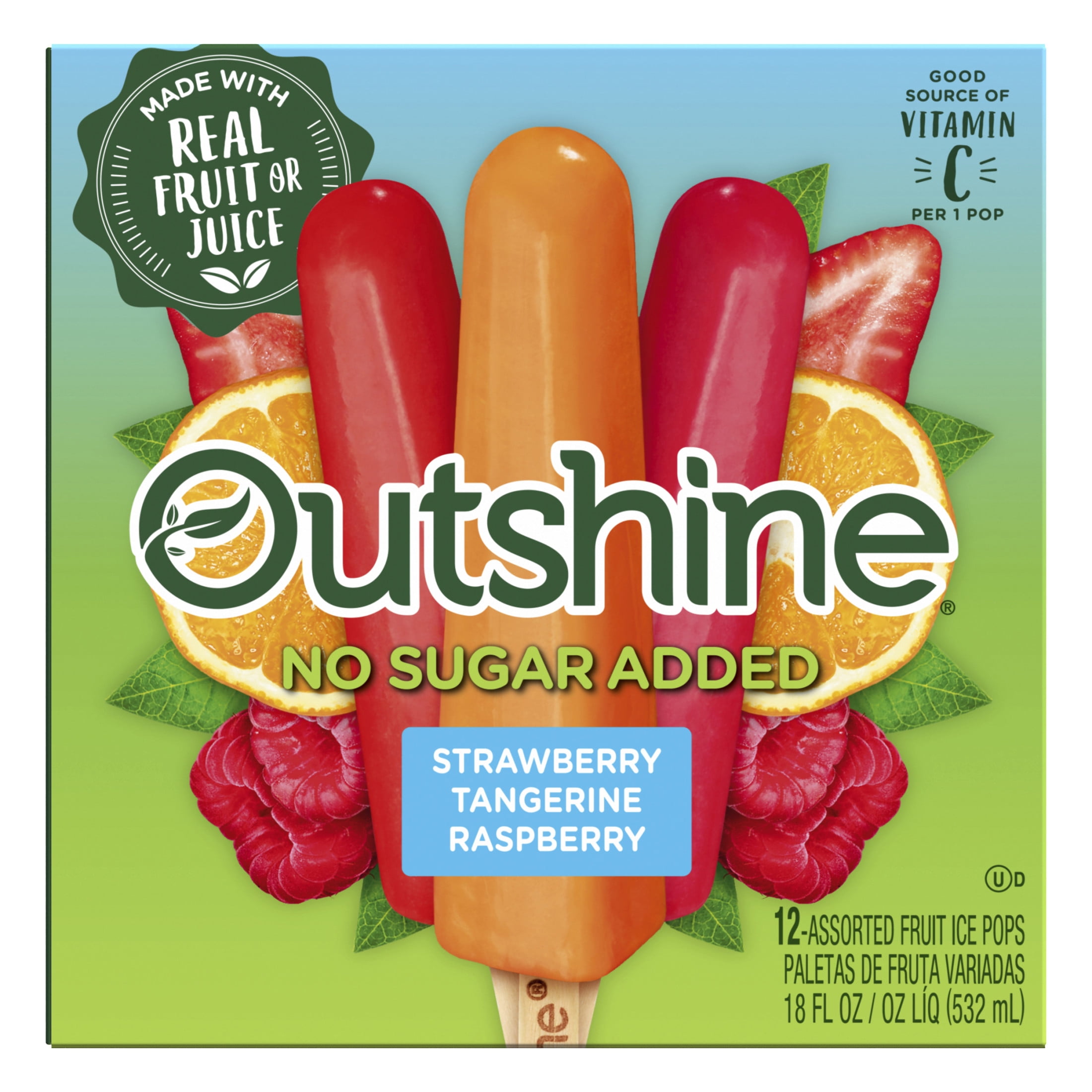 Outshine No Sugar Added Strawberry, Tangerine, and Raspberry Frozen Mini Fruit Pops, Variety Pack, 12 Count