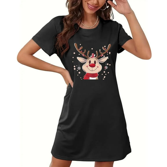 TMOYZQ Nightgowns for Women Cute Christmas Print T Shirt Dresses Casual Short Sleeve Loose Fit Lounge Shirt Dress Nightgowns on Sale Clearance 2025
