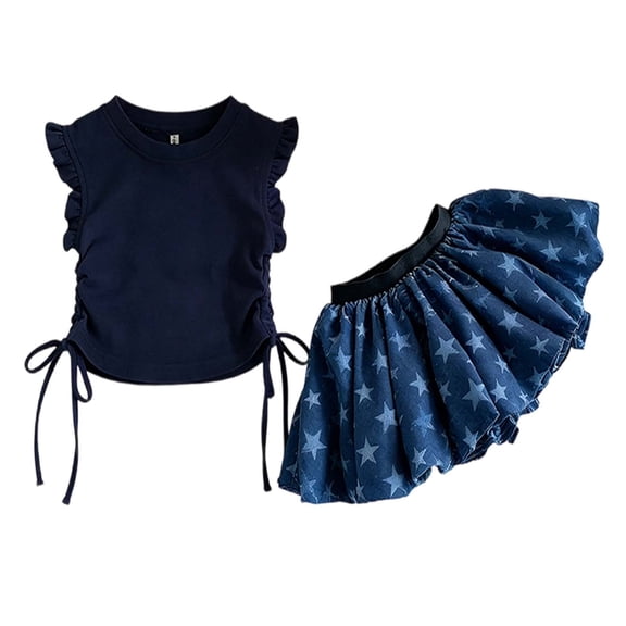 XEGLSBU Girls Summer Outfits Solid Color Short Sleeve T Shirts and Print Skirts Casual Ruffle Set for Kids (Navy Size 9-10 Years)