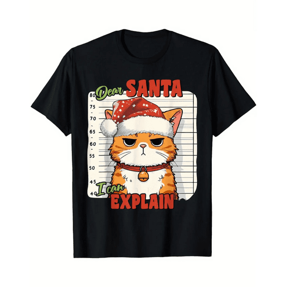 Funny Naughty Cat Avatar Dear Santa, I Can Explain Christmas Men's T-Shirt,Black S-3XL