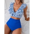 thumbnail image 3 of Women's Fashion Printed Ruffle Ribbon High Waist Triangle Bikini Split Swimsuit, 3 of 5