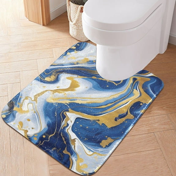 Toilet Rug U-Shaped Bathroom Rugs Non-Slip Soft Plush Machine Washable Contour Bath Mat Blue Gold Marble 24x20