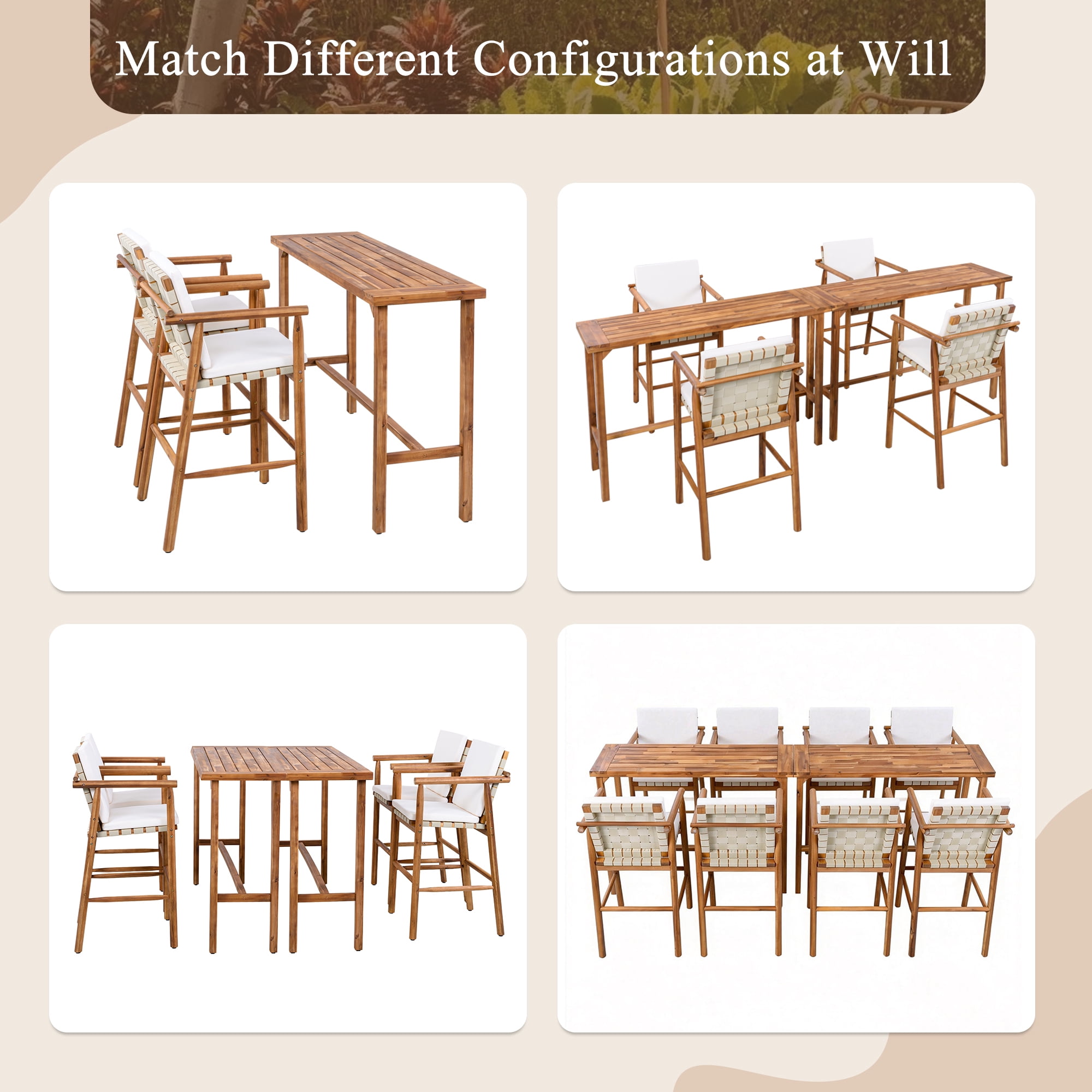 Alvantor 6 Piece Outdoor Bar Set, Wood 2 Bar Height Table & 4 Stools with Cushions, Dining Bar Set for Backyard, Poolside, Balcony Nature
