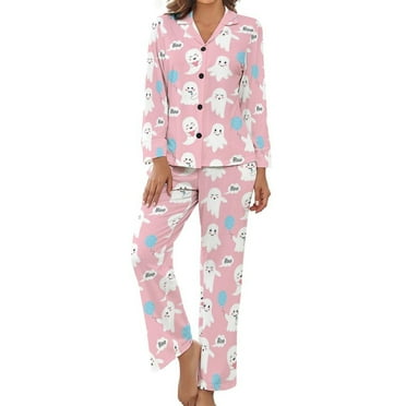 Women's Pajama Set Seamless Pattern Pink Glamour Long Sleeve Satin Button Down Nightwear Sleepwear, Soft Loungewear Pjs Sets