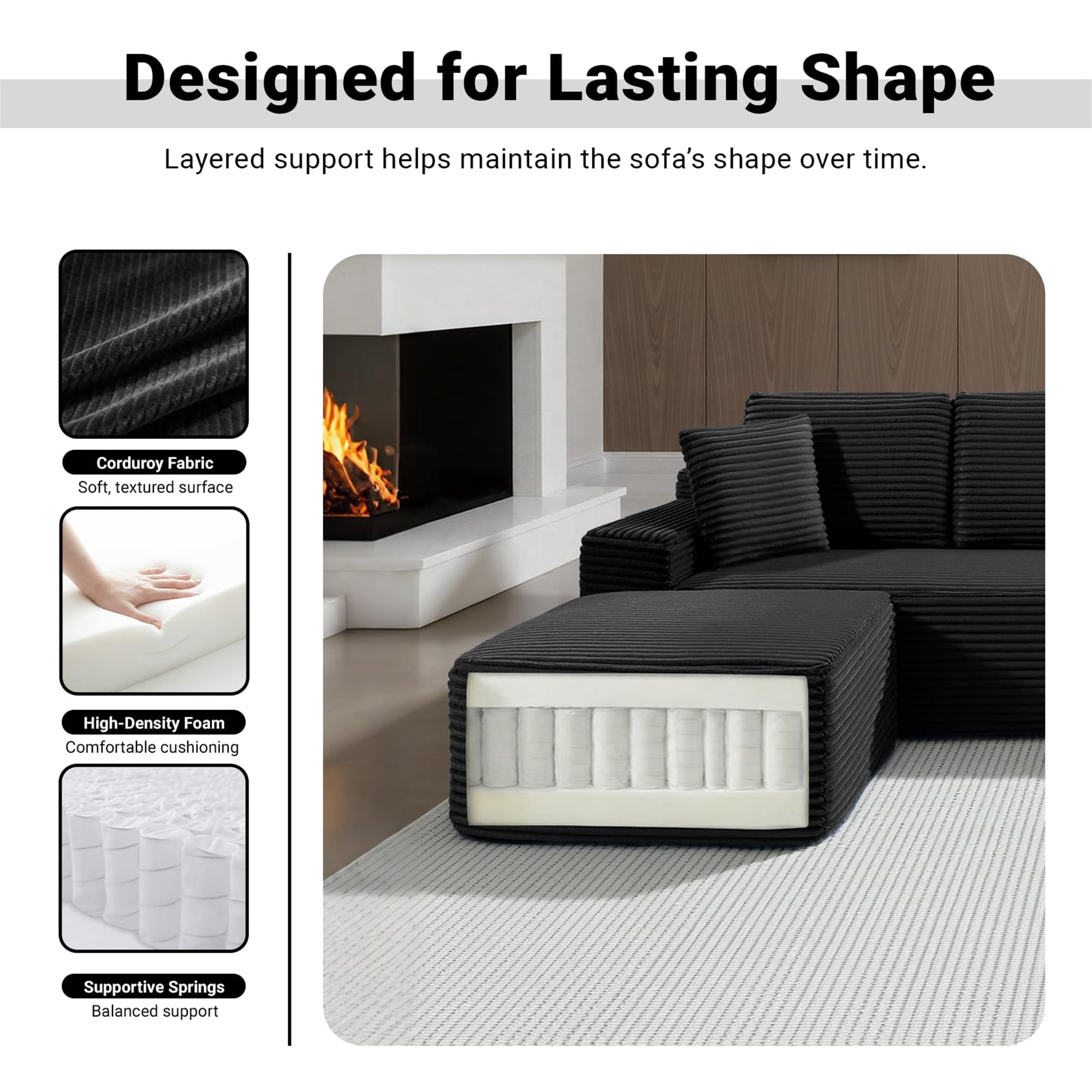 Aukfa 111" Cloud Sectional Sofa Deep Seat Boneless Couch with USB&Cupholdes Storage Console, Modular L-Shaped Couch for Living Room, Corduroy, Black