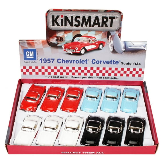 1957 Chevy Corvette Diecast Car Package - Box of 12 1/34 scale Diecast Model Cars, Assorted Colors