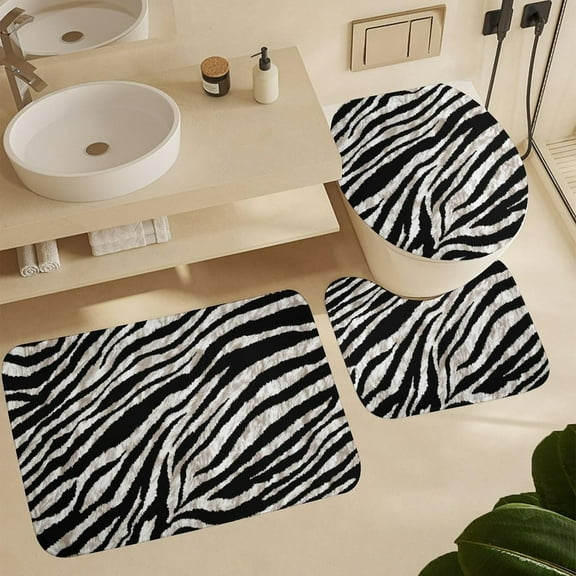 Zebra Print Bathroom Mat Set 3 Pieces Black and White Bathroom Rugs Non-Slip Zebra Bath Rug Set with U-Shape Contour Mat and Toilet Lid Cover