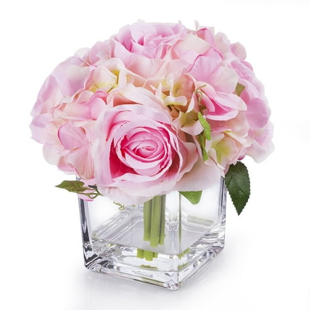 Enova Home Silk Hydrangea and Rose Flower Arrangement in Cube Glass Vase With Faux Water