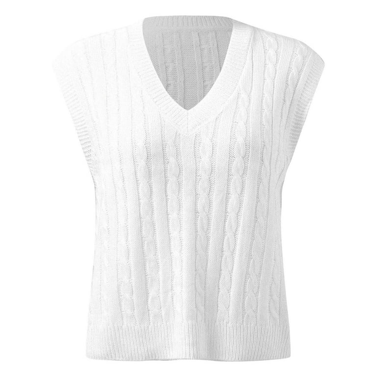 KaLI_store Womens Sweater Vest Sweater Vest for Women V Neck Sleeveless  Knit Solid Casual Ribbed Preppy Pullover Tops White,XL