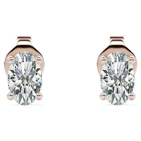 JeenMata 4 Prong 0.5 Carat Oval Cut Diamond Solitaire Stud Earrings In 18K Rose Gold Plating Over Silver