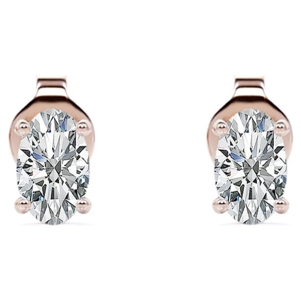 Pendientes Tipo Botón Solitario JeenMata 4 Puntas con Diamantes Ovalados de 0,38 Quilates Chapado en Oro Rosa de 18 K sobre Plata