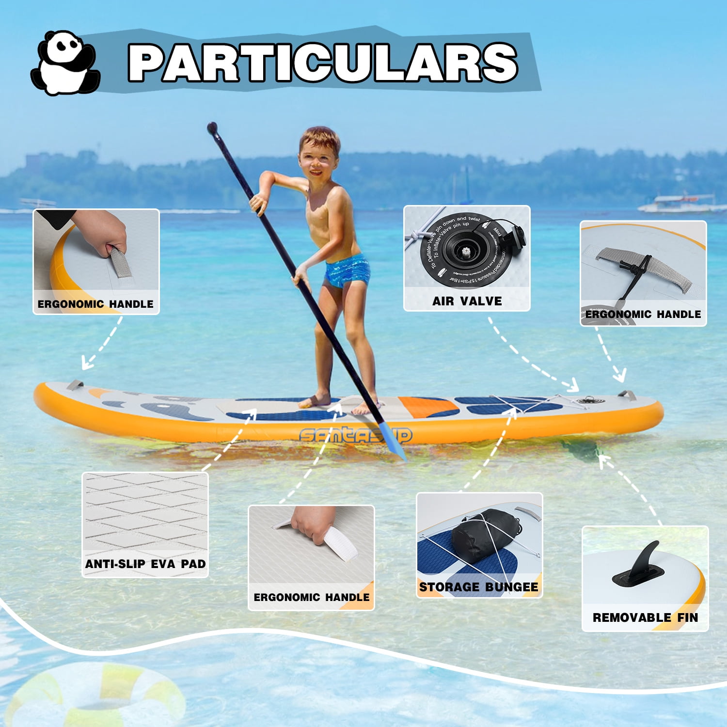 Santasup Kids Inflatable Paddle Board, 8ft Blue Panda with Paddle Board Accessories for Kids, Stand Up Paddle Board Durable, Stable Design, Wide Non-Slip Deck, Hand Pump for Youth & Kids