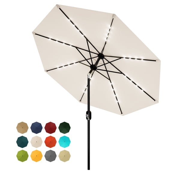 Sombrilla de Patio 9FT con Luces Solares, Beige Protección UV 32 LED, 8 Varillas Resistentes Mecanismo de Inclinación y Manivela para Jardín Piscina Patio Trasero