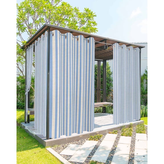 Blue Striped Outdoor Curtains for Patio, Modern Simple Farmhouse Beige Vintage Privacy Drapes Grommet Waterproof Outside Curtains for Porch/Cabana/Balcony 54"x 84", 1 Panel