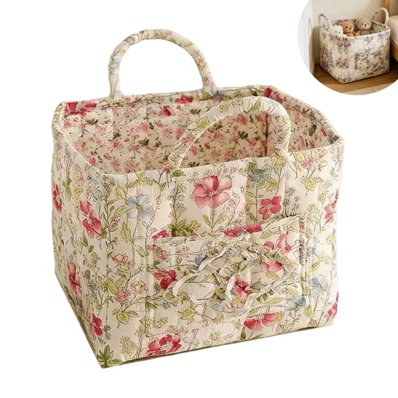 13"x10.2"x10.6" Floral Storage Basket Boho Fabric Quilted Floral Foldable Baskets with Handles Nursery Laundry Basket Organizer Bin for Car Home Picnic