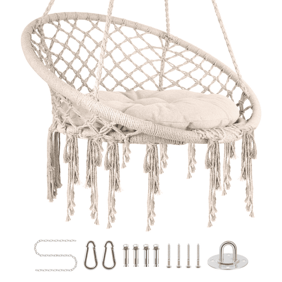 Large-Sized Hammock Chair with Fluffy Polyester Cushion, Double-Layered Rope Construction, Hidden Zipper for Cushion Cover, Great for Bedroom, Porch, Deck, Supports 350 Lbs, Beige
