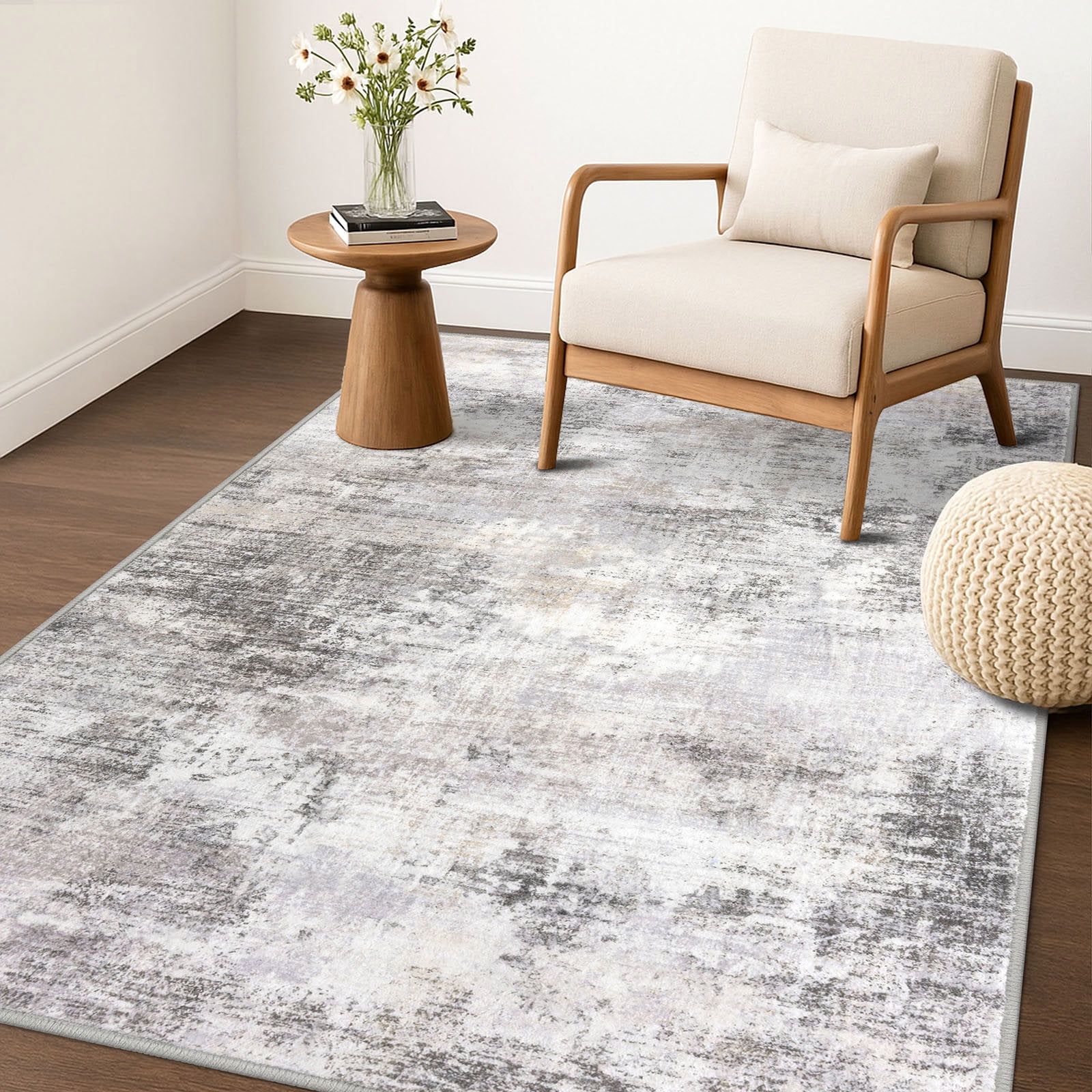 iOhouze Washable Rugs 3x5 ft Entryway Rugs Abstract Non Slip Area Rug Printed Faux Wool Soft Kitchen Rugs Indoor Rugs for Entrance Foyer Living Room Bedroom, Ash Grey/Beige