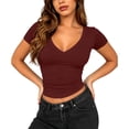thumbnail image 4 of Xaqiouau Womens V Neck Tops Short Sleeve Ruched Slim Fitted Shirts Going Out Dressy Solid Blouses Summer Basic Tees, 4 of 8
