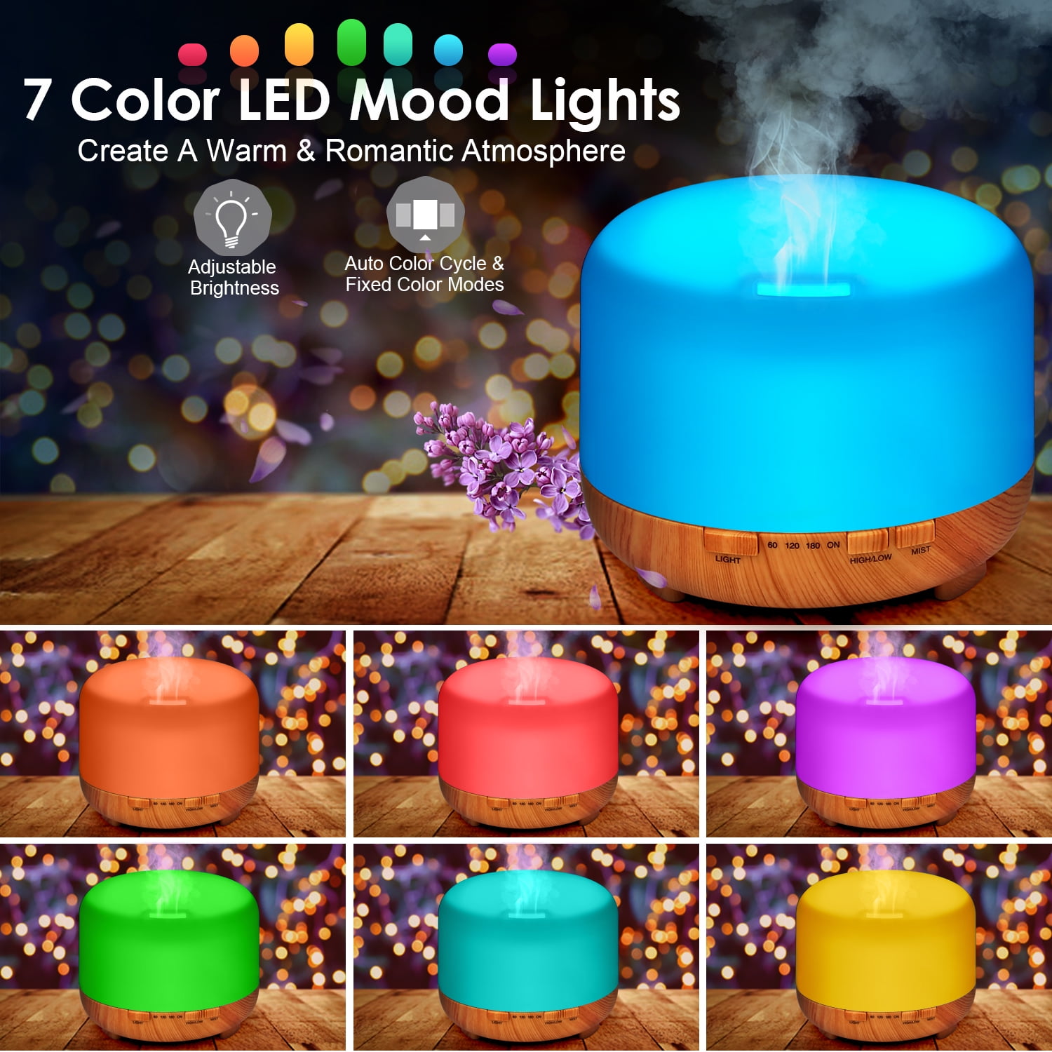 500ml Premium, Essential Oil Diffuser, 5 In 1 Ultrasonic Aromatherapy Fragrant Oil Humidifier Vaporizer, Timer and Auto-Off Safety Switch, 7 LED Light Colors