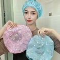 thumbnail image 5 of Gorro de ducha, gorro de pelo de encaje impermeable de doble capa, baño elástico de plástico reutilizable para spa, hogar, hotel y peluquería (4 piezas), 5 of 5