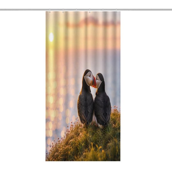 RKSupls Waterproof Shower Curtain, Puffin Couple At Sunset Polyester Shower Curtain with Hooks for Chic Elegant Home Bathtub Bathroom Decor Washable
