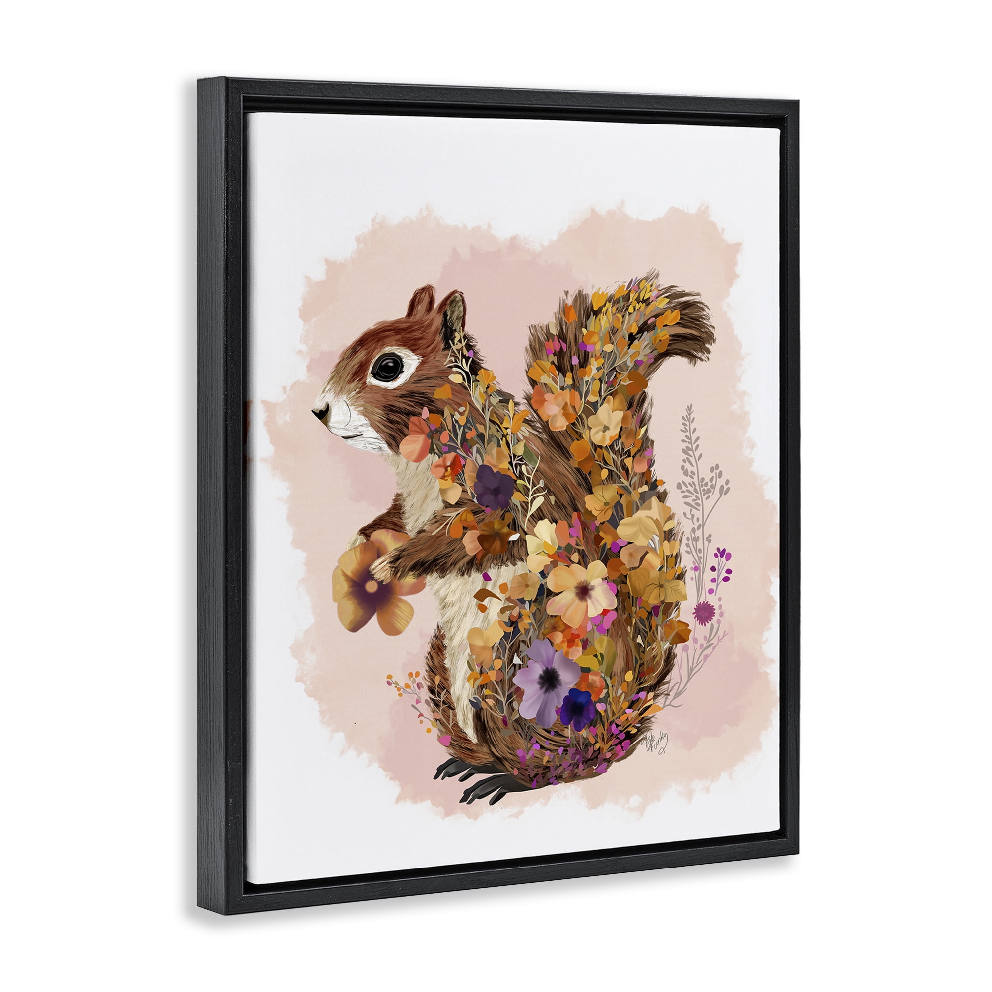 Stupell Industries Wildflower Patterned Squirrel Animals & Insects Painting Black Floater Framed Canvas Art Print Wall Art, 25 x 31
